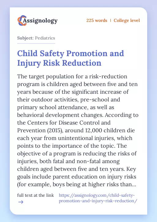Child Safety Promotion and Injury Risk Reduction - Essay Preview