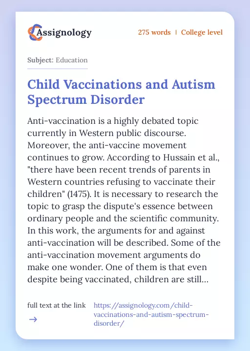 Child Vaccinations and Autism Spectrum Disorder - Essay Preview