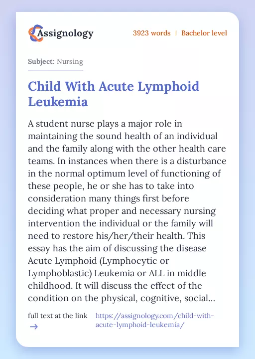 Child With Acute Lymphoid Leukemia - Essay Preview