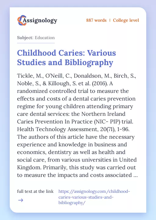 Childhood Caries: Various Studies and Bibliography - Essay Preview