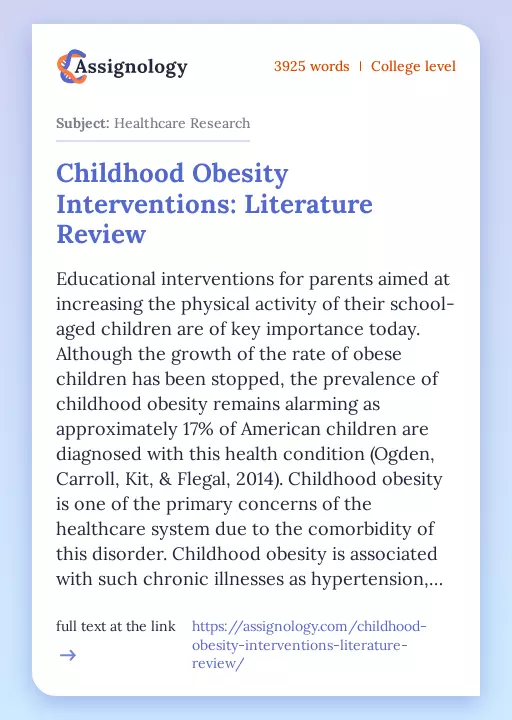 Childhood Obesity Interventions: Literature Review - Essay Preview