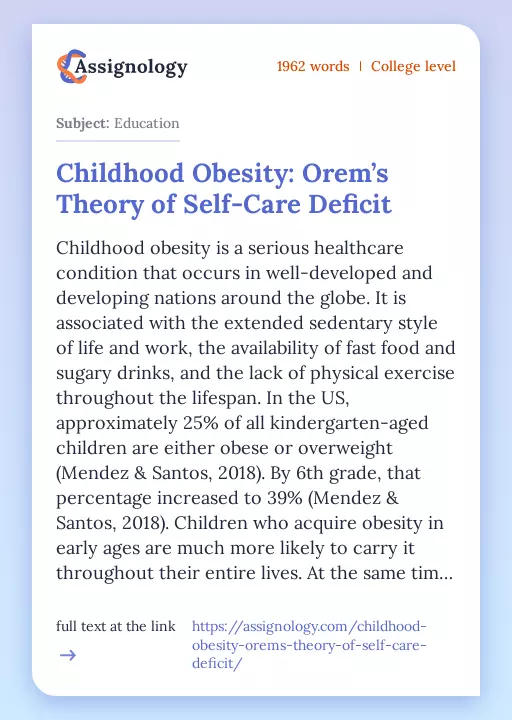 Childhood Obesity: Orem’s Theory of Self-Care Deficit - Essay Preview