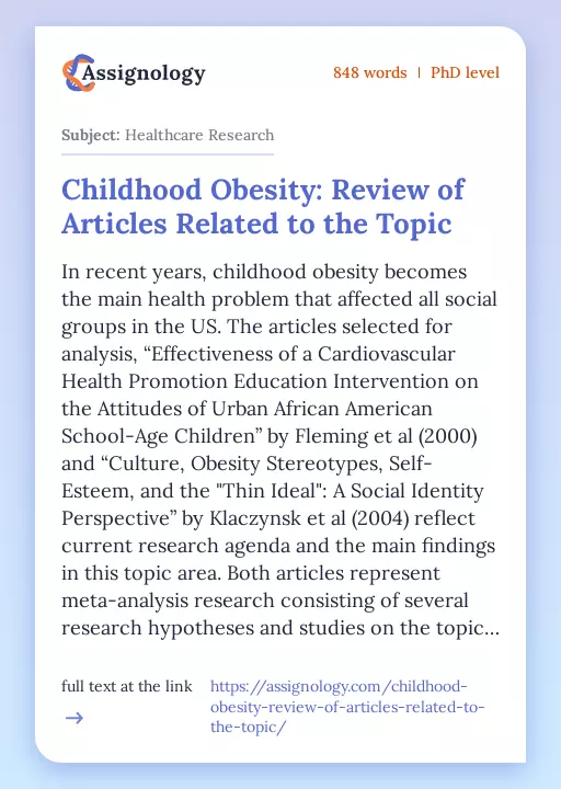 Childhood Obesity: Review of Articles Related to the Topic - Essay Preview