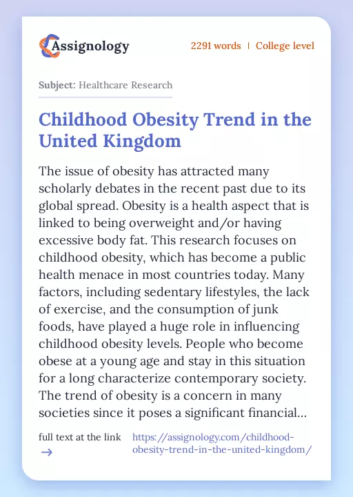 Childhood Obesity Trend in the United Kingdom - Essay Preview
