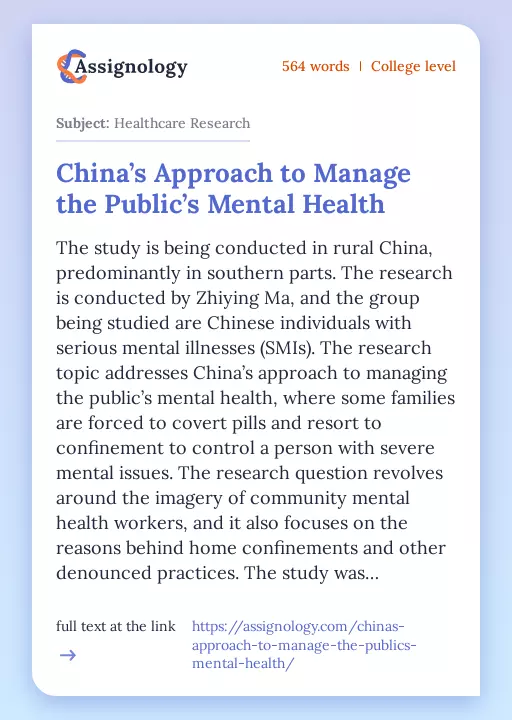 China’s Approach to Manage the Public’s Mental Health - Essay Preview