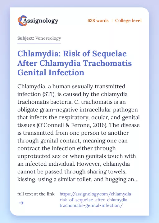 Chlamydia: Risk of Sequelae After Chlamydia Trachomatis Genital Infection - Essay Preview