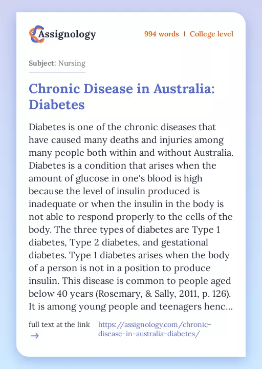 Chronic Disease in Australia: Diabetes - Essay Preview