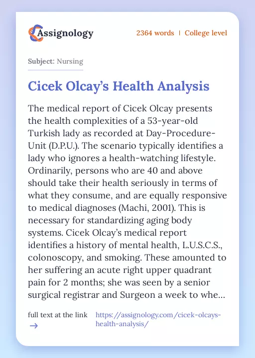 Cicek Olcay’s Health Analysis - Essay Preview