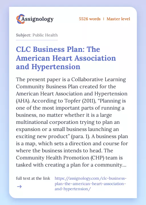 CLC Business Plan: The American Heart Association and Hypertension - Essay Preview
