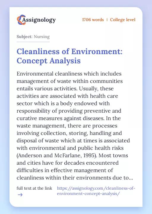 Cleanliness of Environment: Concept Analysis - Essay Preview