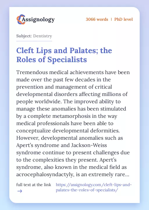 Cleft Lips and Palates; the Roles of Specialists - Essay Preview