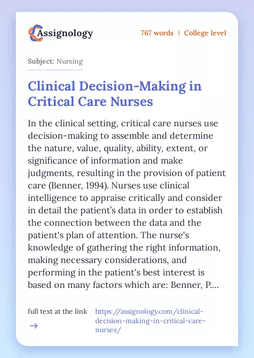 Clinical Decision-Making in Critical Care Nurses - Essay Preview