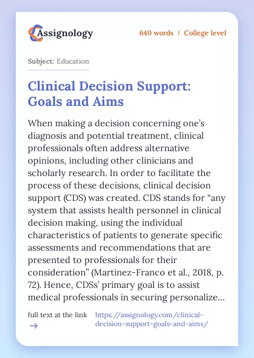 Clinical Decision Support: Goals and Aims - Essay Preview