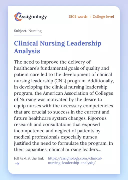 Clinical Nursing Leadership Analysis - Essay Preview