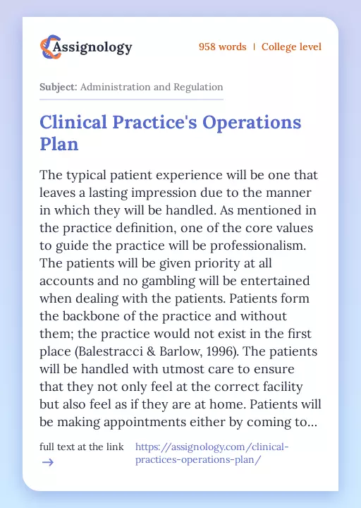 Clinical Practice's Operations Plan - Essay Preview