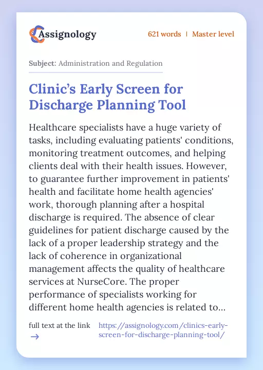 Clinic’s Early Screen for Discharge Planning Tool - Essay Preview