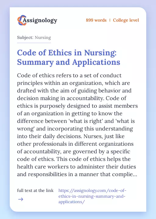 Code of Ethics in Nursing: Summary and Applications - Essay Preview