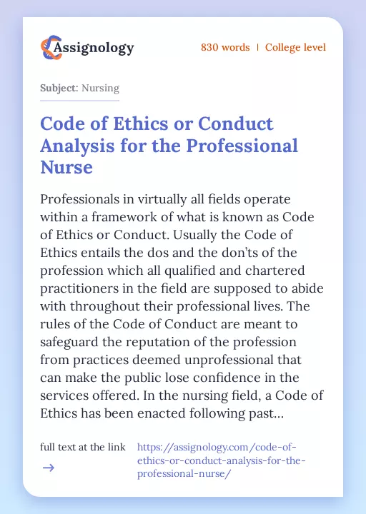 Code of Ethics or Conduct Analysis for the Professional Nurse - Essay Preview