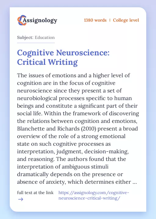 Cognitive Neuroscience: Critical Writing - Essay Preview