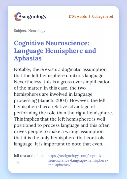 Cognitive Neuroscience: Language Hemisphere and Aphasias - Essay Preview