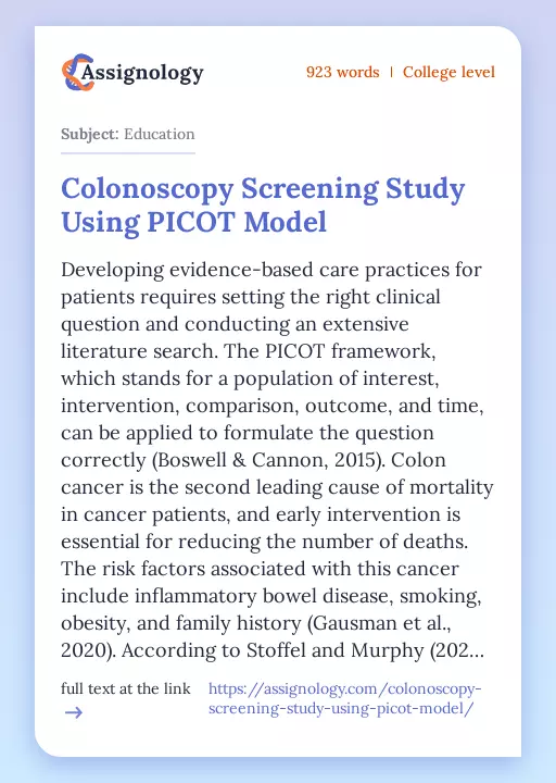 Colonoscopy Screening Study Using PICOT Model - Essay Preview