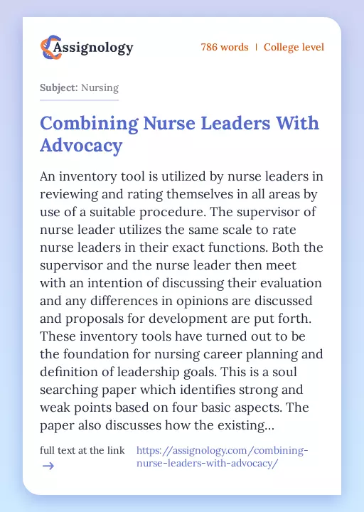 Combining Nurse Leaders With Advocacy - Essay Preview