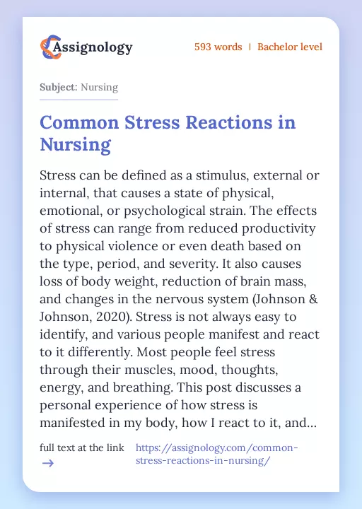 Common Stress Reactions in Nursing - Essay Preview