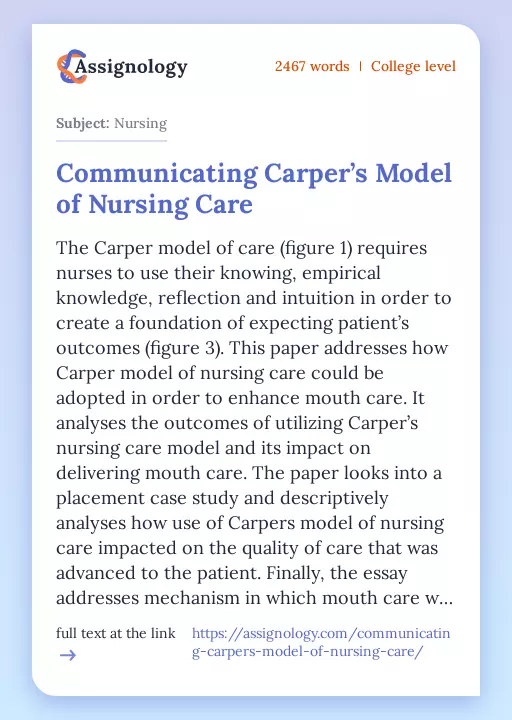 Communicating Carper’s Model of Nursing Care - Essay Preview