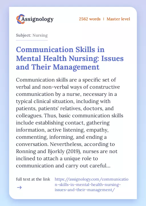 Communication Skills in Mental Health Nursing: Issues and Their Management - Essay Preview