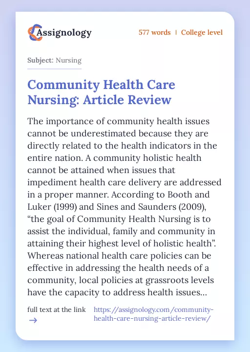 Community Health Care Nursing: Article Review - Essay Preview