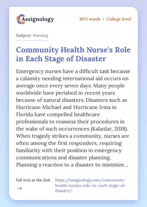 Community Health Nurse's Role in Each Stage of Disaster - Essay Preview