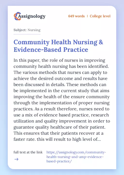Community Health Nursing & Evidence-Based Practice - Essay Preview