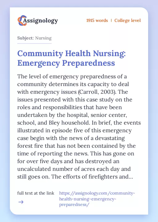 Community Health Nursing: Emergency Preparedness - Essay Preview