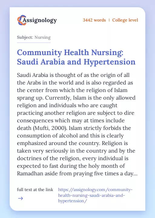 Community Health Nursing: Saudi Arabia and Hypertension - Essay Preview