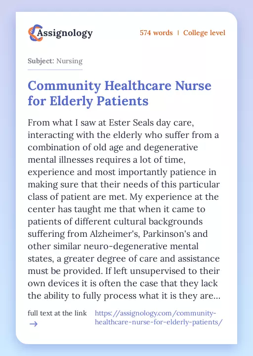Community Healthcare Nurse for Elderly Patients - Essay Preview