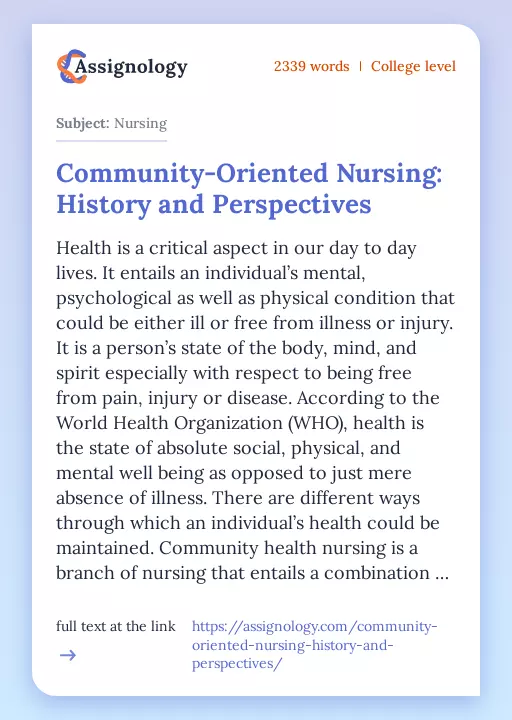 Community-Oriented Nursing: History and Perspectives - Essay Preview
