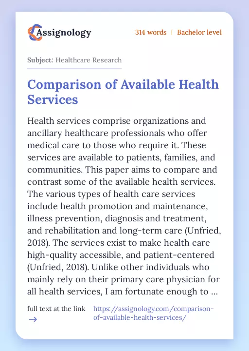 Comparison of Available Health Services - Essay Preview