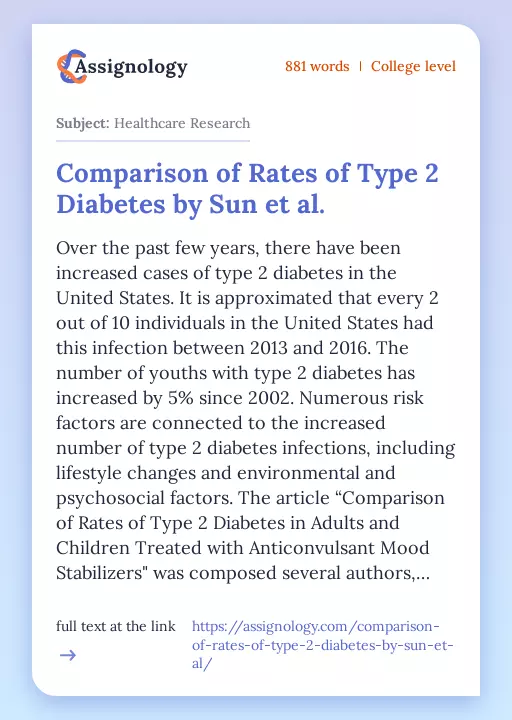 Comparison of Rates of Type 2 Diabetes by Sun et al. - Essay Preview