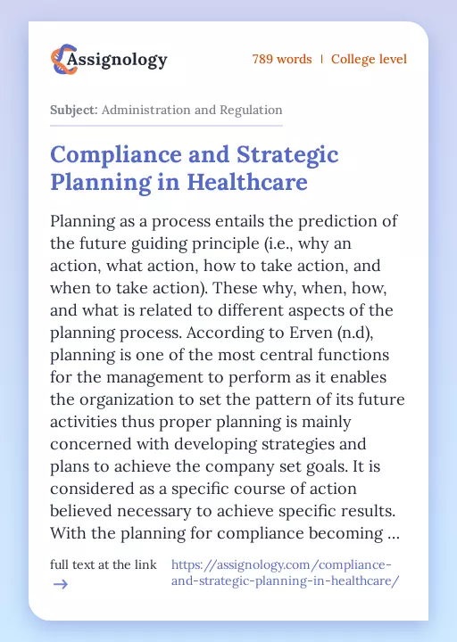 Compliance and Strategic Planning in Healthcare - Essay Preview