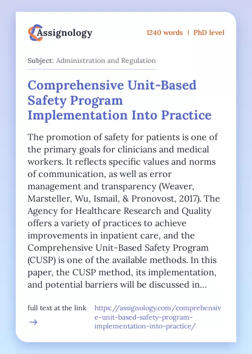 Comprehensive Unit-Based Safety Program Implementation Into Practice - Essay Preview