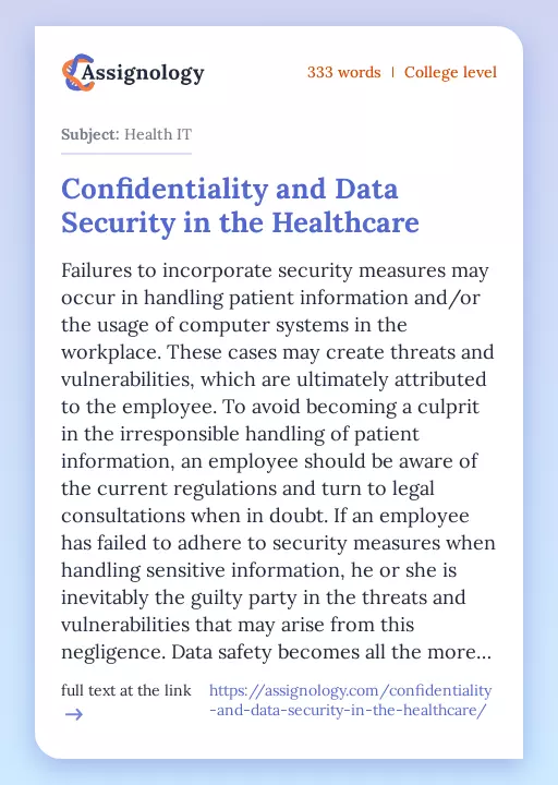 Confidentiality and Data Security in the Healthcare - Essay Preview