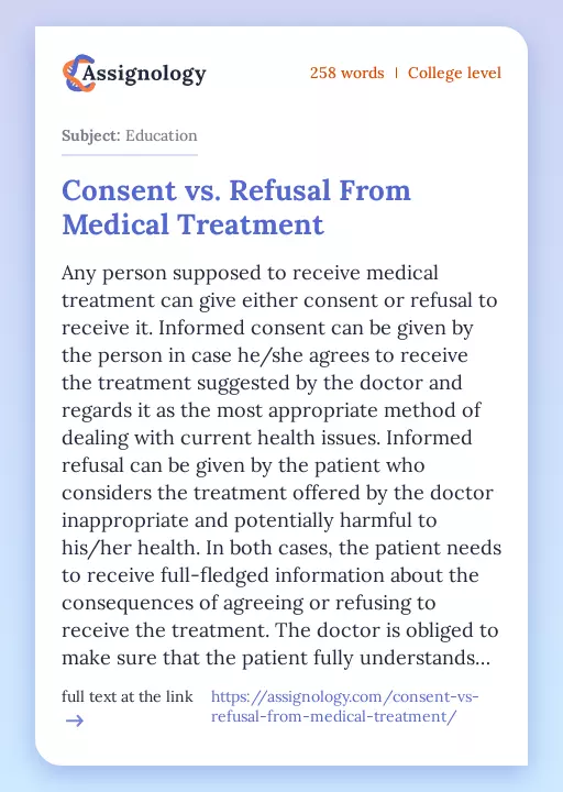 Consent vs. Refusal From Medical Treatment - Essay Preview