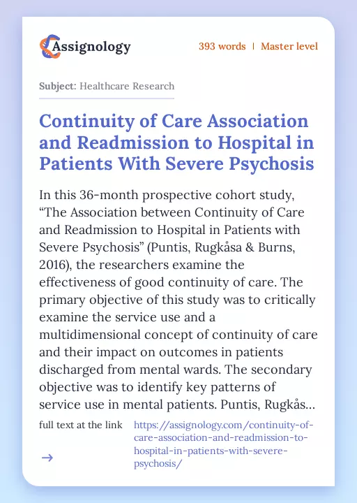 Continuity of Care Association and Readmission to Hospital in Patients With Severe Psychosis - Essay Preview