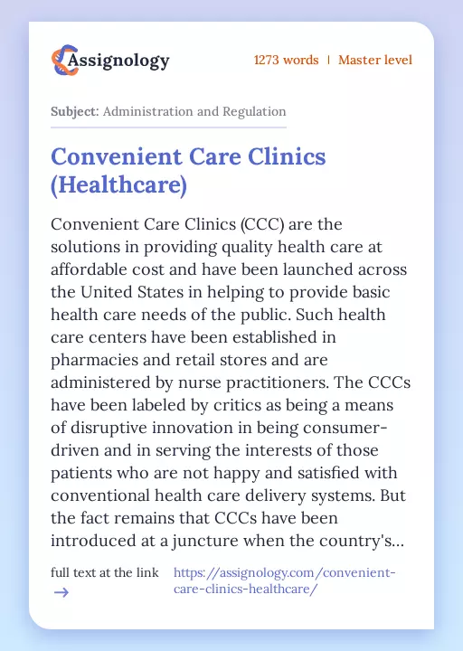 Convenient Care Clinics (Healthcare) - Essay Preview