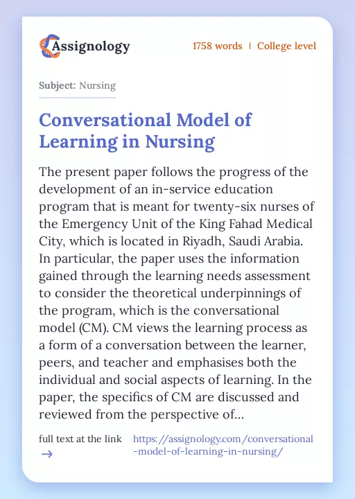 Conversational Model of Learning in Nursing - Essay Preview