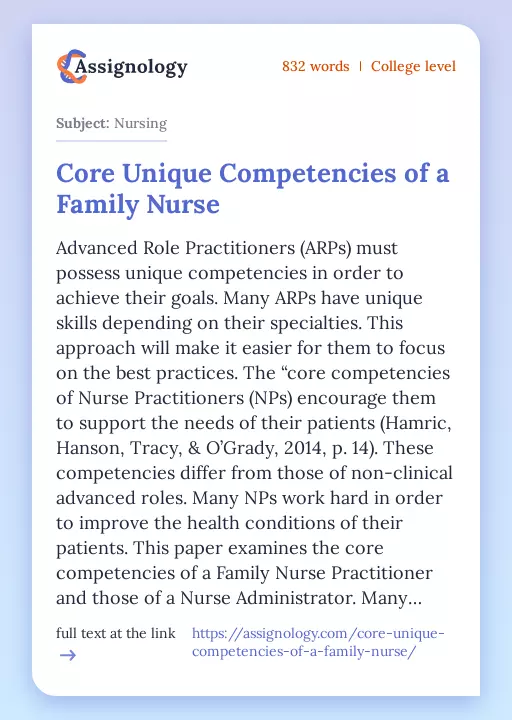 Core Unique Competencies of a Family Nurse - Essay Preview