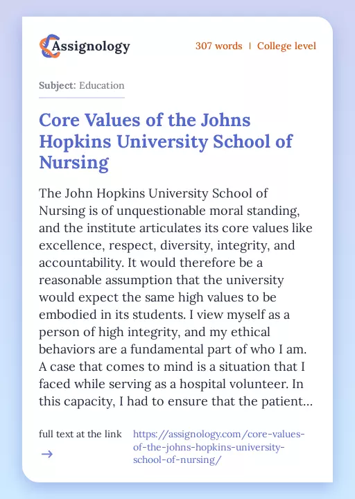 Core Values of the Johns Hopkins University School of Nursing - Essay Preview