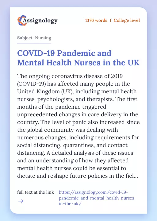 COVID-19 Pandemic and Mental Health Nurses in the UK - Essay Preview