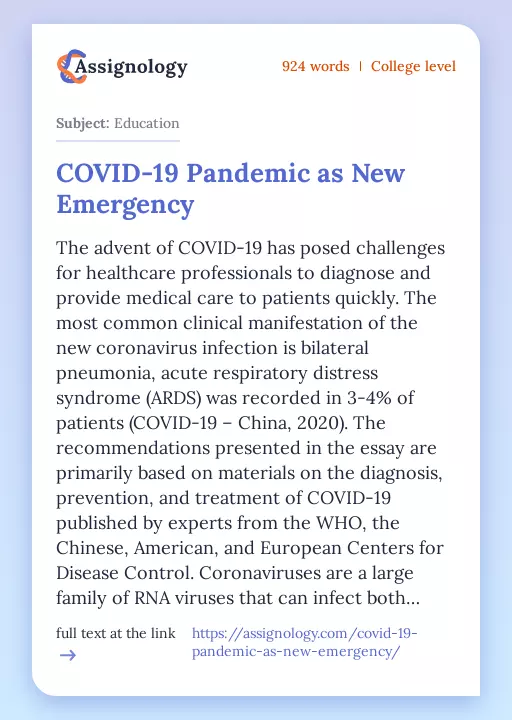 COVID-19 Pandemic as New Emergency - Essay Preview