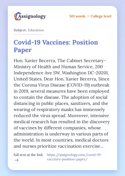 Covid-19 Vaccines: Position Paper - Essay Preview